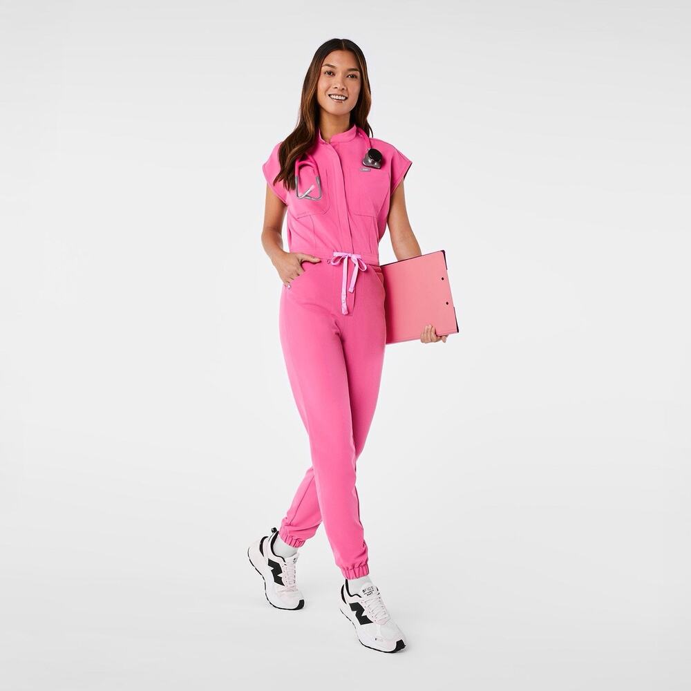 FIGS Rafaela Cargo Scrub Jumpsuit 9 Pockets Jogger Pink Size-Small Petite New
